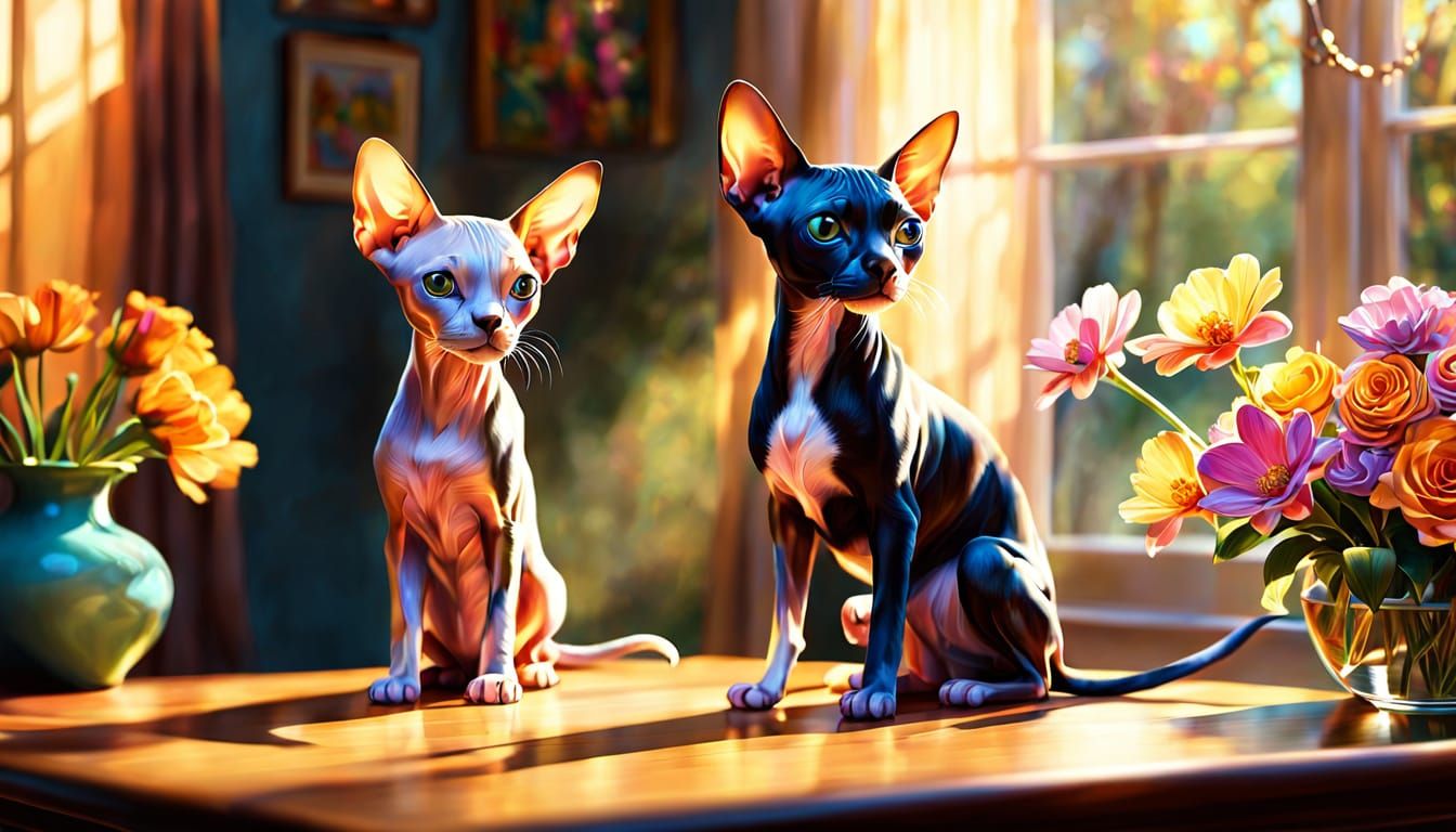 Sphynx Cat and Chihuahua in Modern Home with Flowers