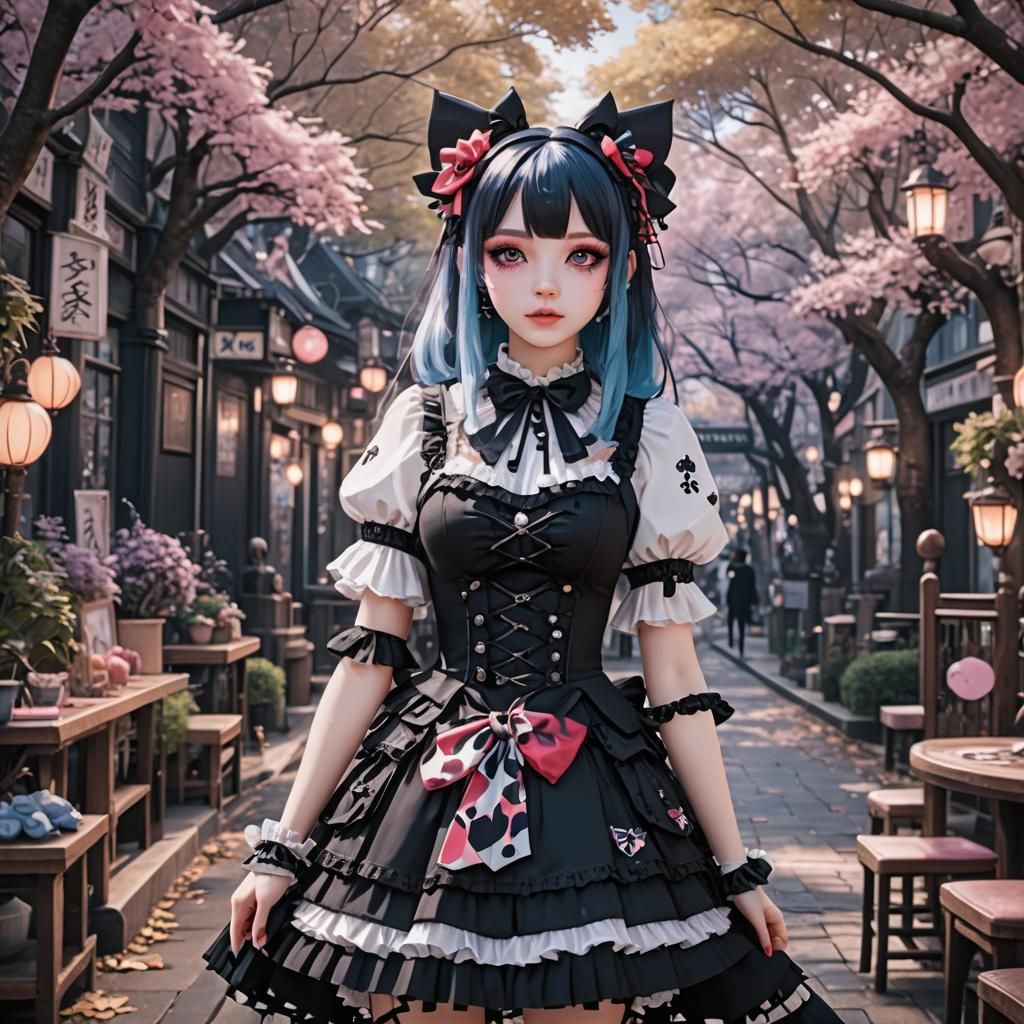 Goth Vtuber in Harajuku: Detailed Matte Painting