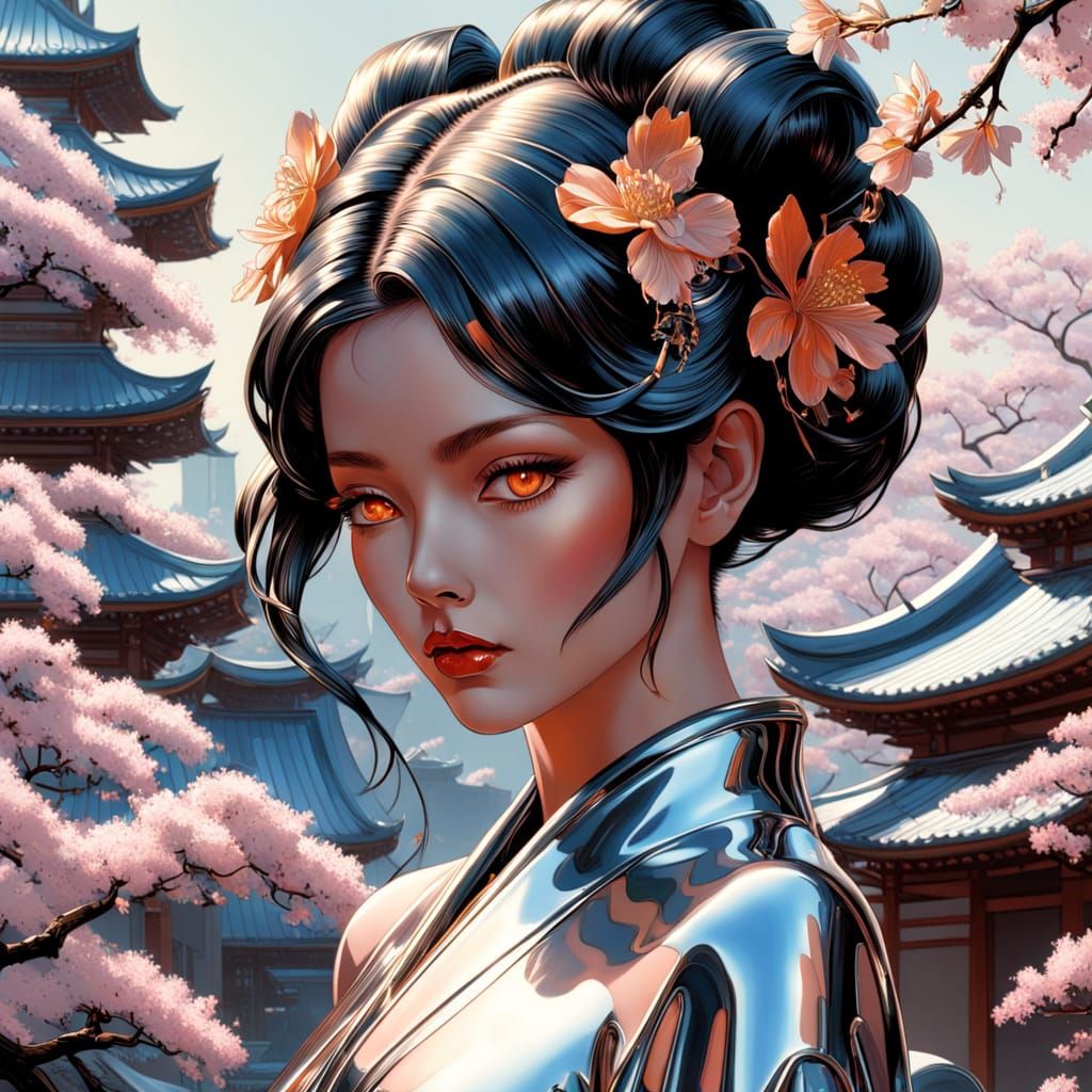 Android Geisha in Zen Garden with Neon Accents