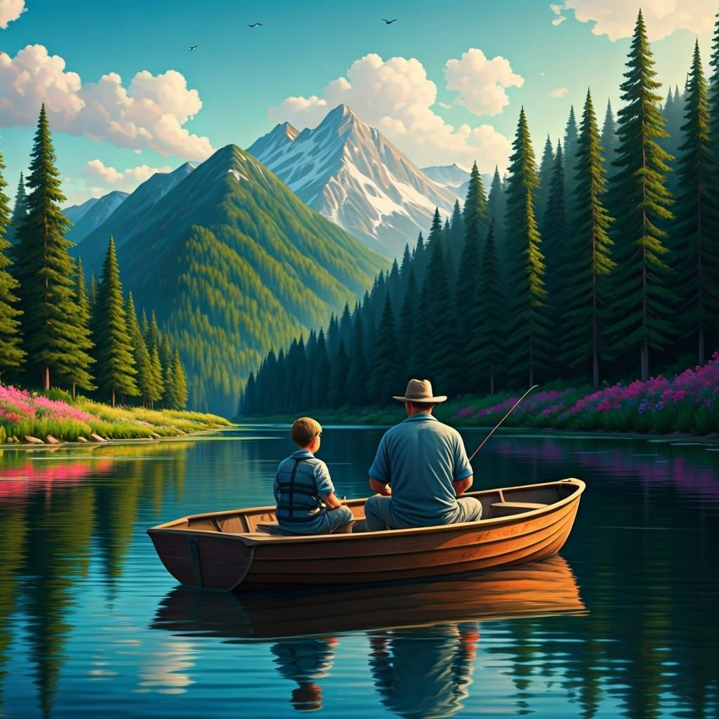 Father and Son Fishing: Impressionist Lake Scene