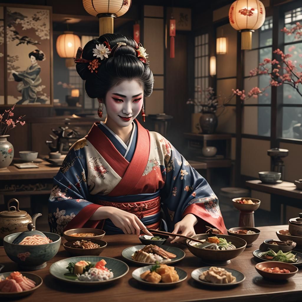 Smiling Geisha Serves Food: Detailed Digital Art