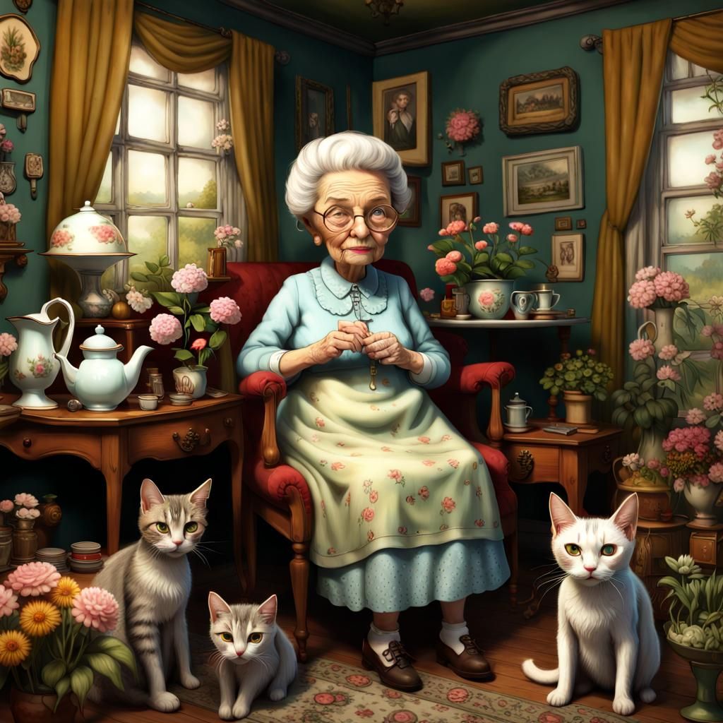 Granny's Whimsical Cottagecore Home with Cats and Flowers