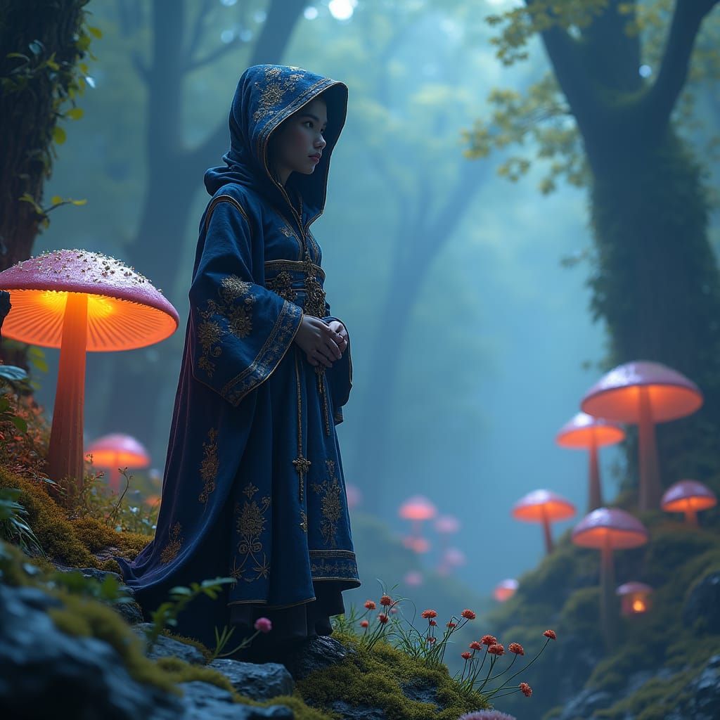 Mystical Hooded Figure in Iridescent Forest