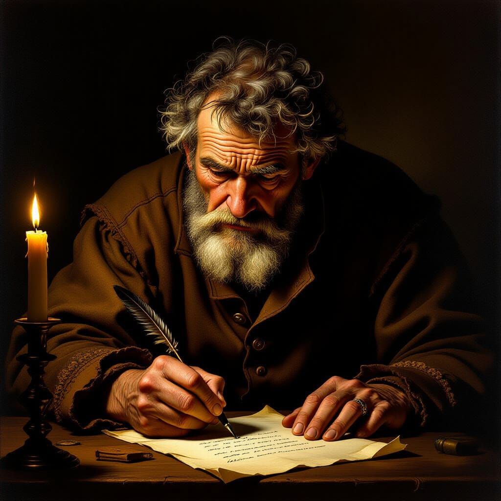 Weary Man Writes Letter by Candlelight