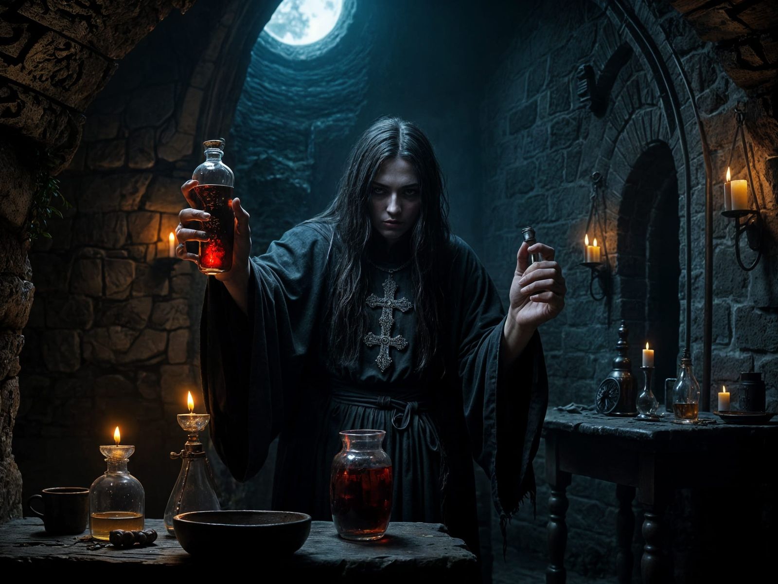 Creepy Dungeon Scene at Romanian Castle on Moonlight Night