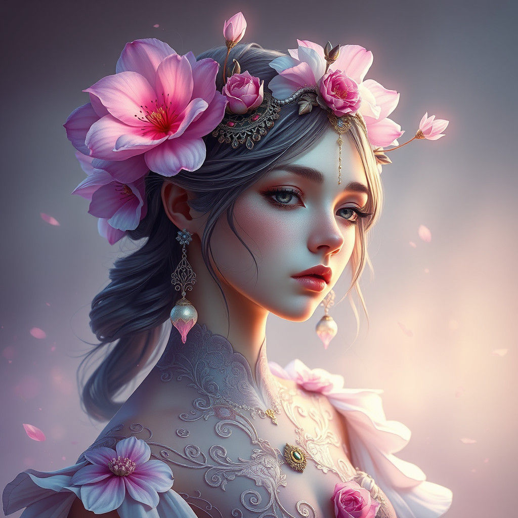 Ethereal Flower Girl Portrait in Digital Art Style