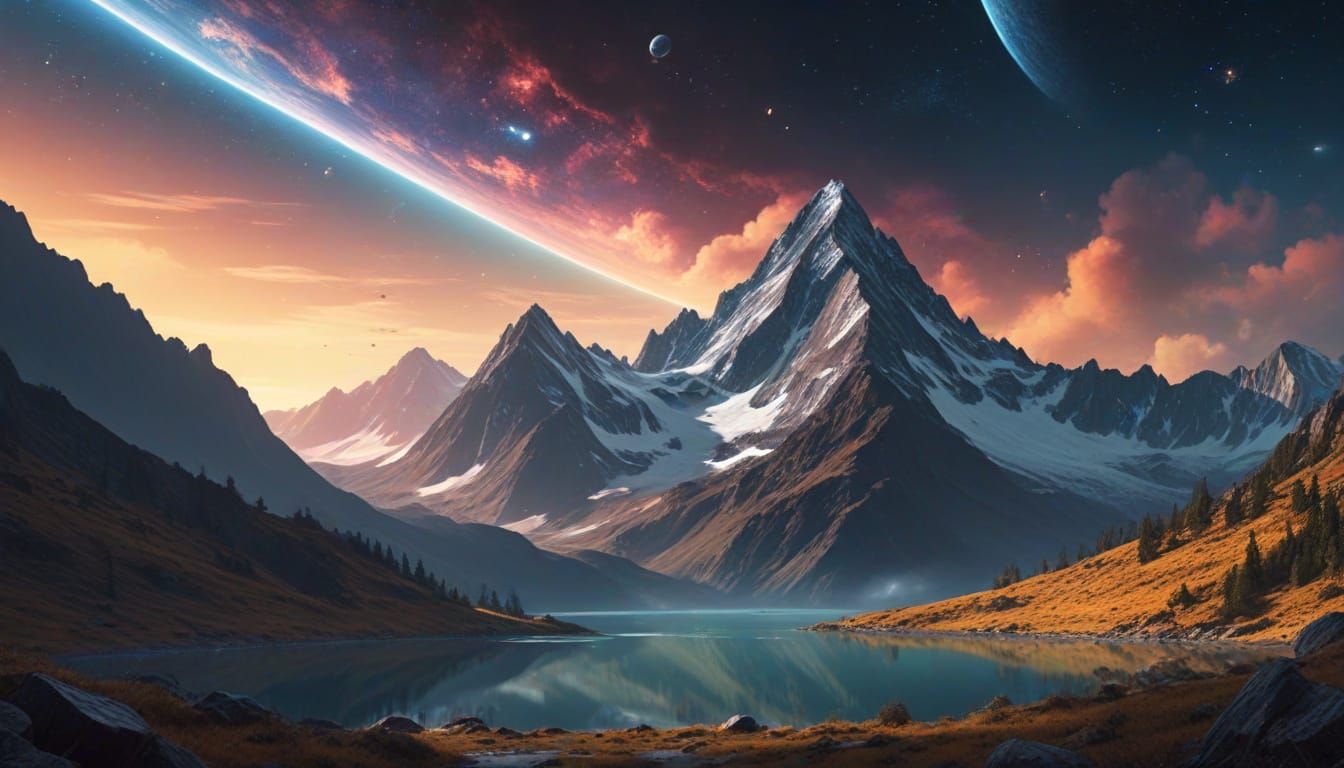 Hyperrealistic Mountains Pierce Cosmos in Digital Art Style