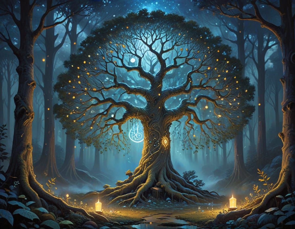 Majestic Tree Illuminated by Glowing Runes in Moonlit Forest