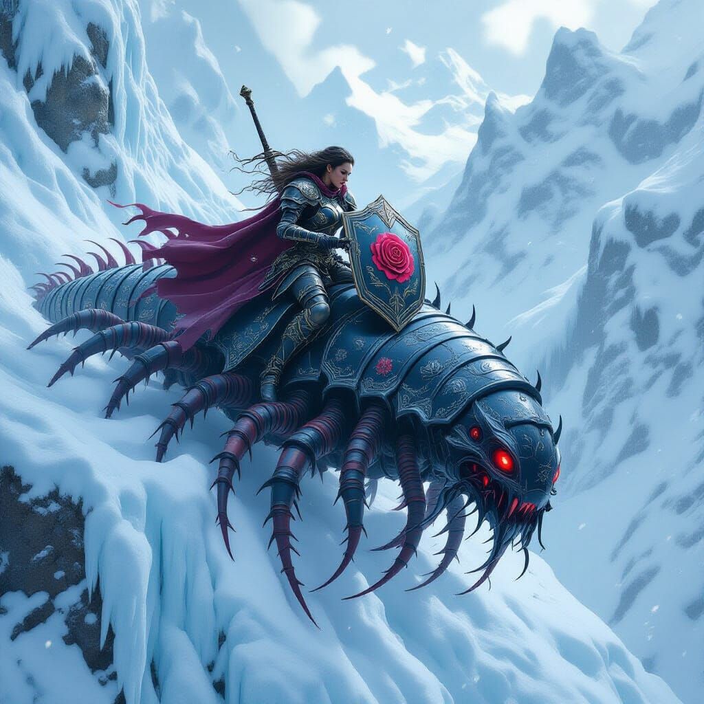 Armored Woman Rides Centipede Down Frozen Cliff