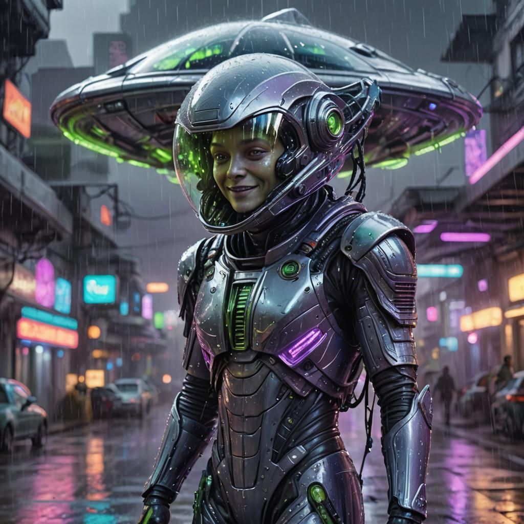Smiling Alien Beside Spaceship in Rainy Sci-Fi Scene