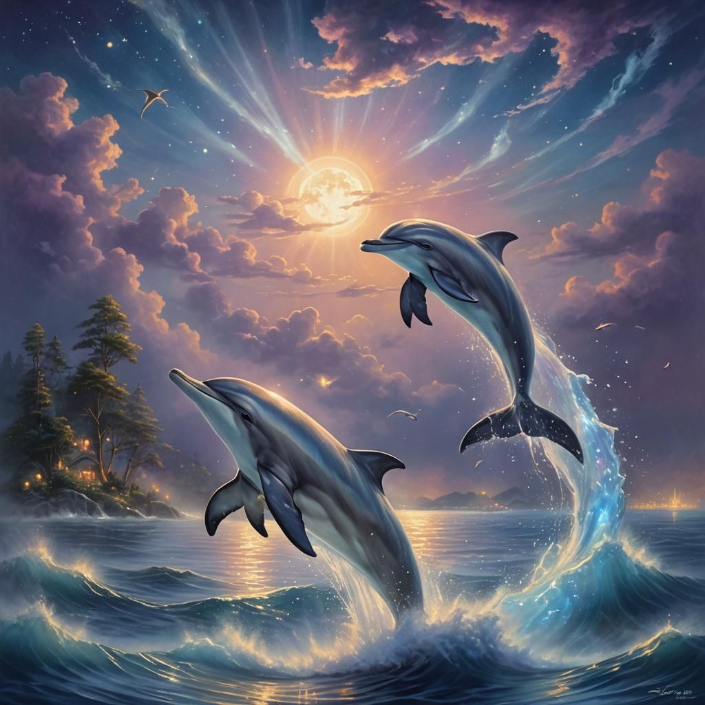Dolphin's Whistle Under Moonlight in Ethereal Pastel Art