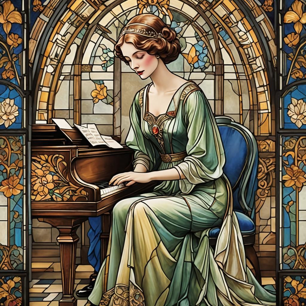 Elegant Lady at Piano in Art Deco Stained Glass