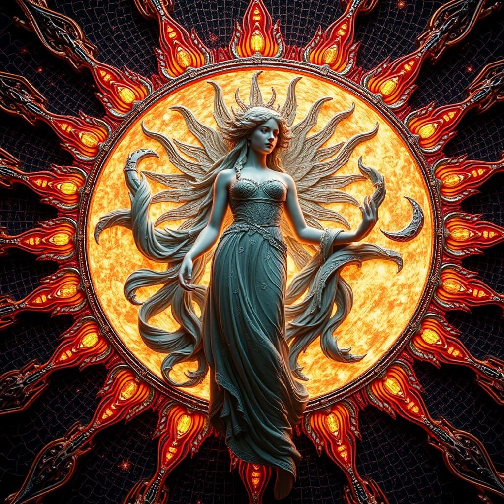 Celestial Woman in Surreal Sun and Moon Fairytale