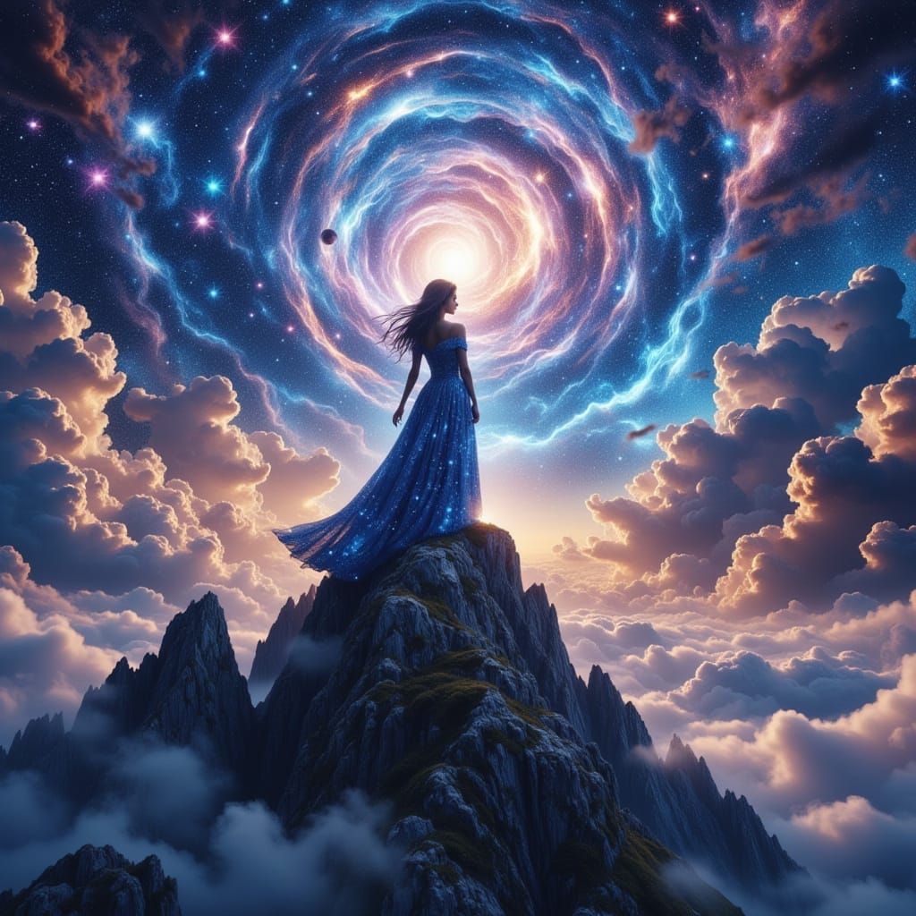 Celestial Goddess Overlooking Galaxy, in Art Nouveau Style