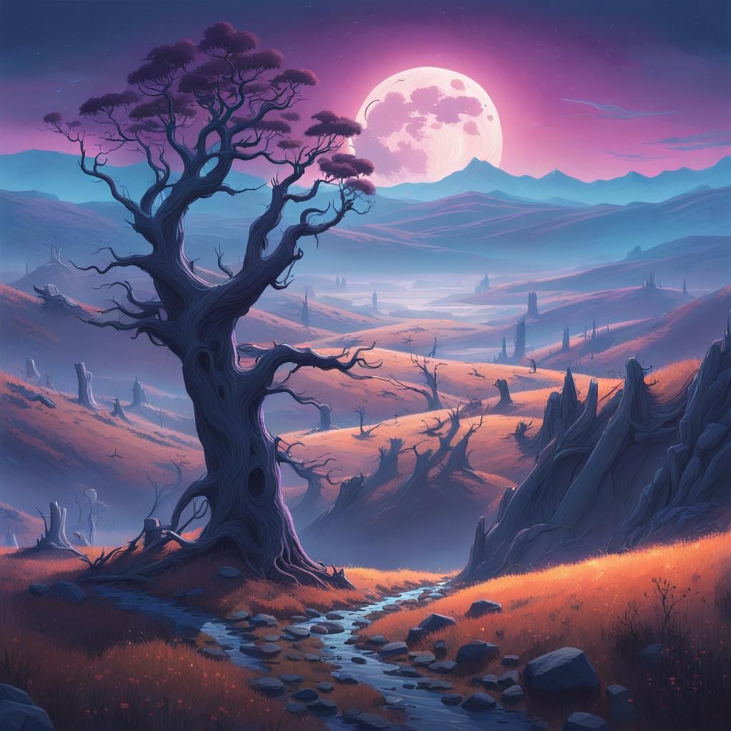 Ethereal Moonlit Valley in Fantasy Concept Art