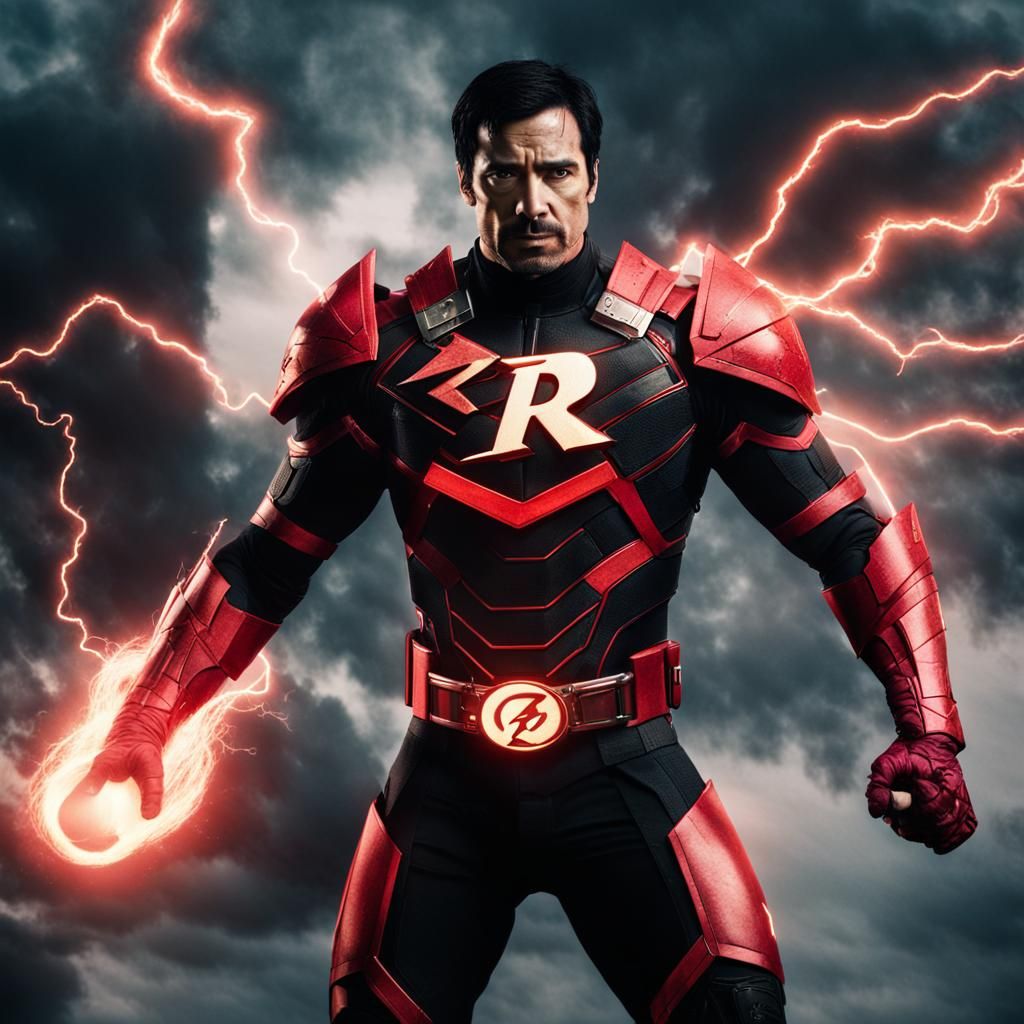 Superhero with Red Armor and Lightning Powers