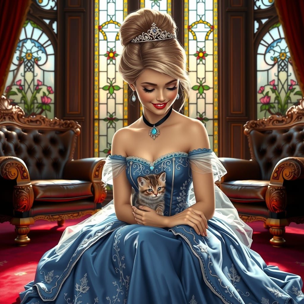 Cinderella Portrait with Kitten, Hyperdetailed Art