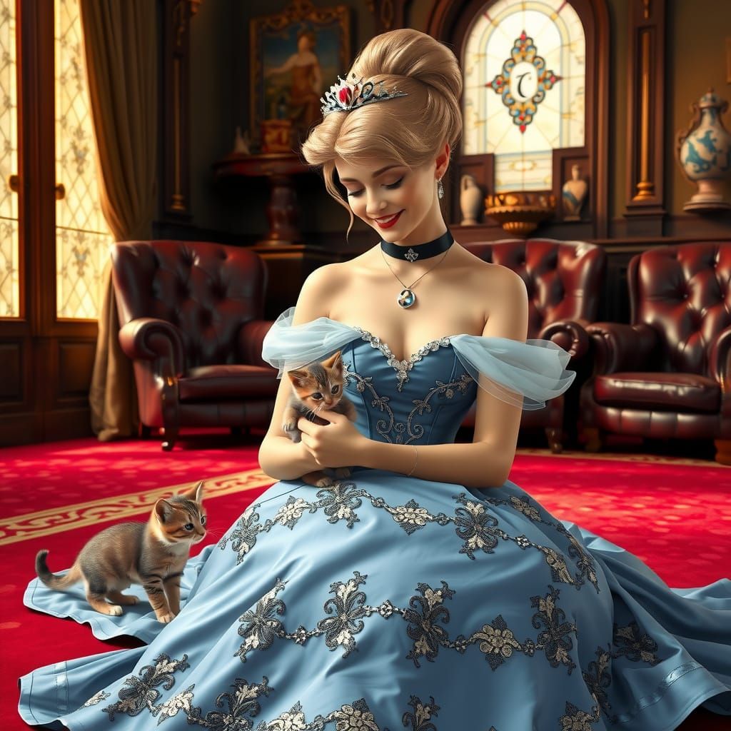 Princess Cinderella with Kitten, Art Nouveau Style
