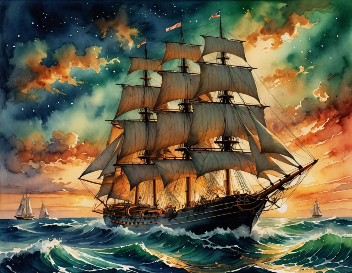 Romantic Watercolor Sailing Ship at Sunset