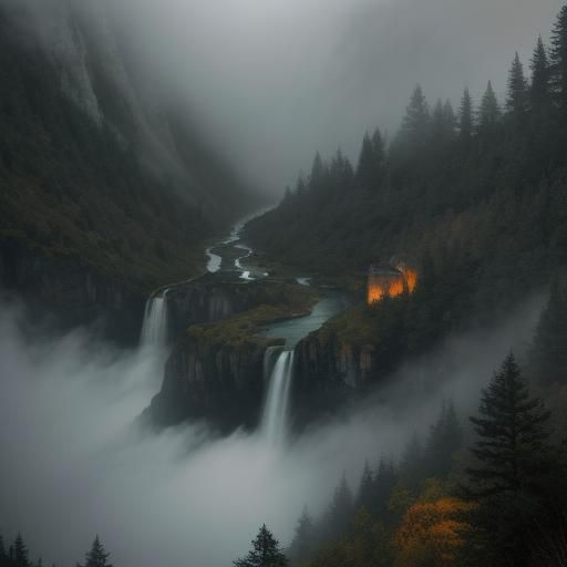 Ominous Waterfall in Misty Autumnal Landscape