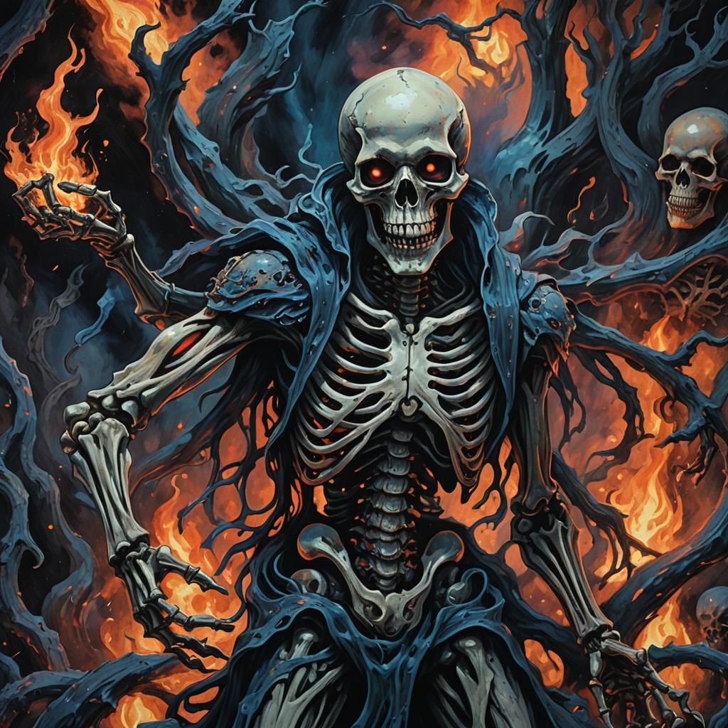 Demonic Skeleton Reaching from Darkness as Impasto Gouache