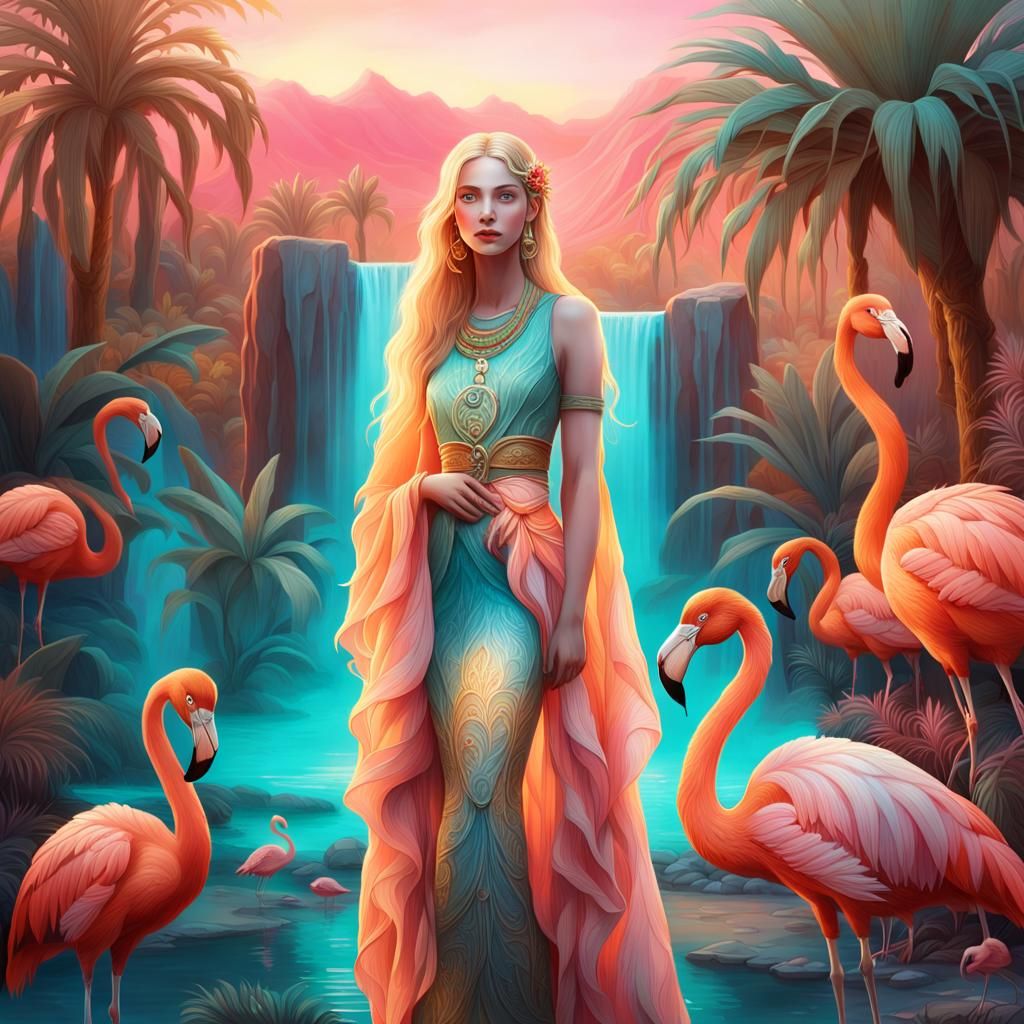 Fantasy Fey with Flamingo in Desert Oasis