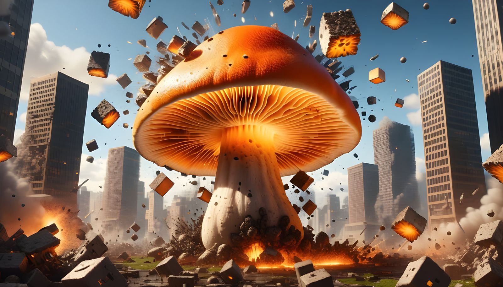 Exploding Mushroom Cityscape in Cubist Style