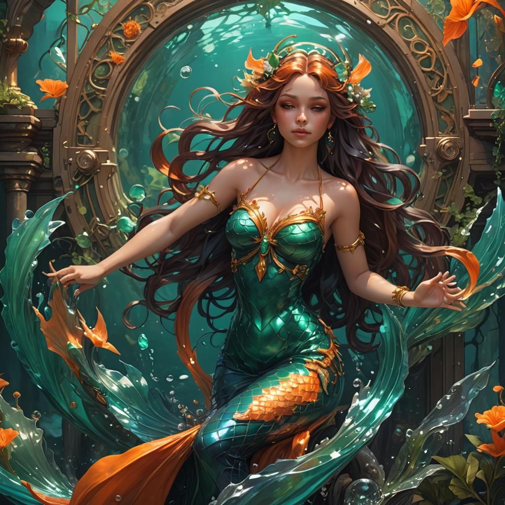 Emerald Mermaid Concept Art in Art Nouveau Style