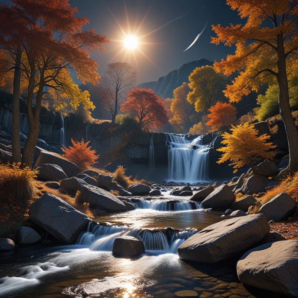 Autumn Waterfall Under Solar Eclipse