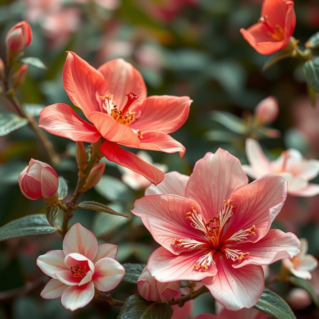 Vibrant Chinese Flowers in Woodblock Print Style