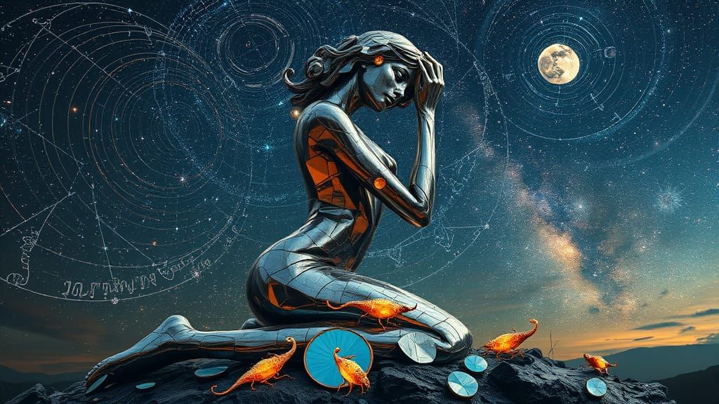 Surreal Woman Reborn from Cracked Mirrors in Cosmic Galaxy L...