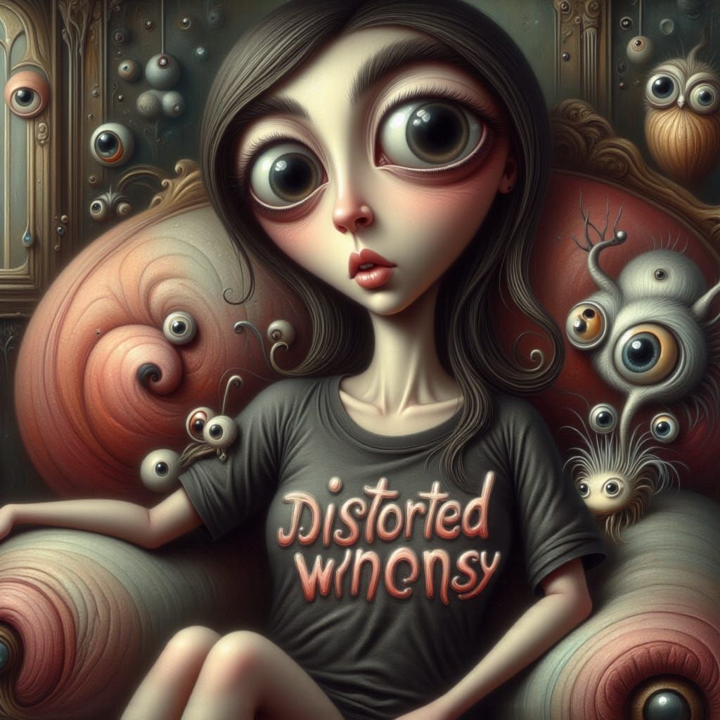 Whimsical Woman Wears Distorted Art T-Shirt on Couch