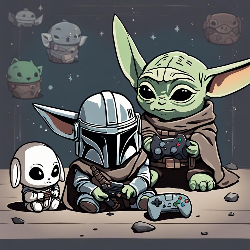 Mandalorian and Grogu Play Video Games in Chibi Style