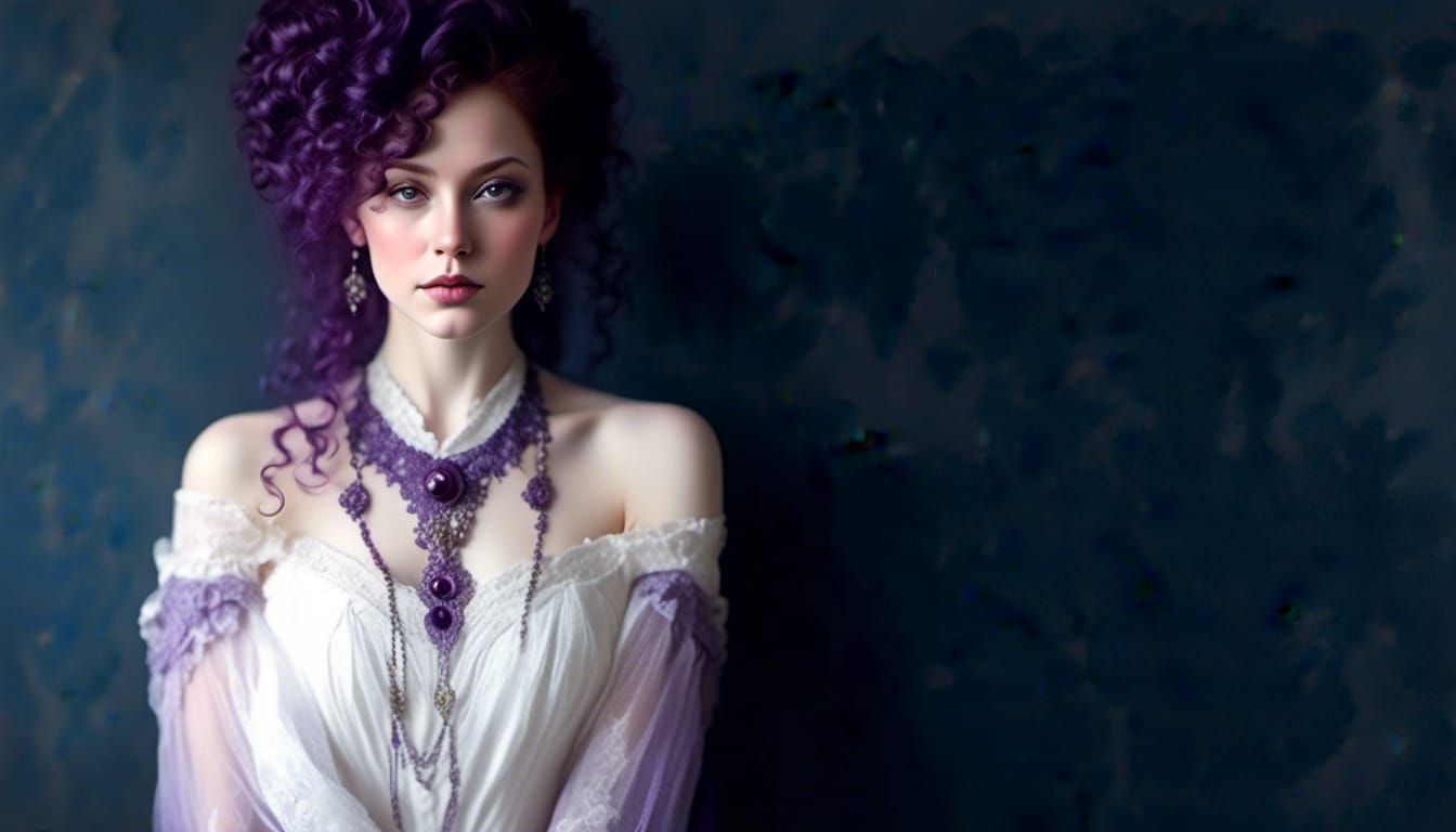 Victorian Witch Portrait with Purple Hair in Hyperrealism