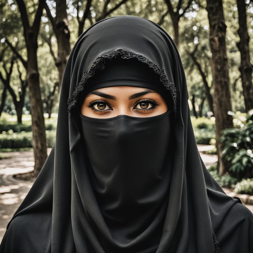 Niqabi Portrait with Intense Gaze in Botanic Garden