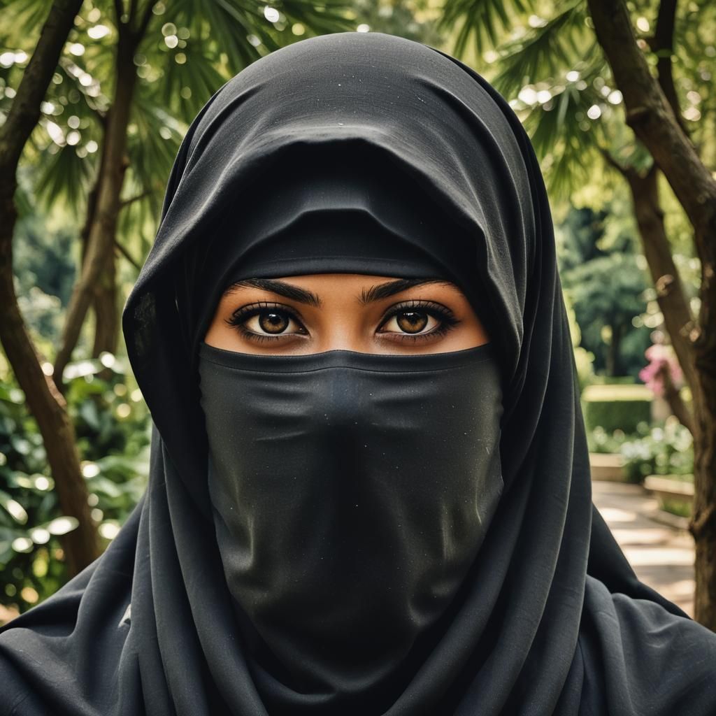 Angry Niqabi Portrait in Botanic Garden as Oil Painting