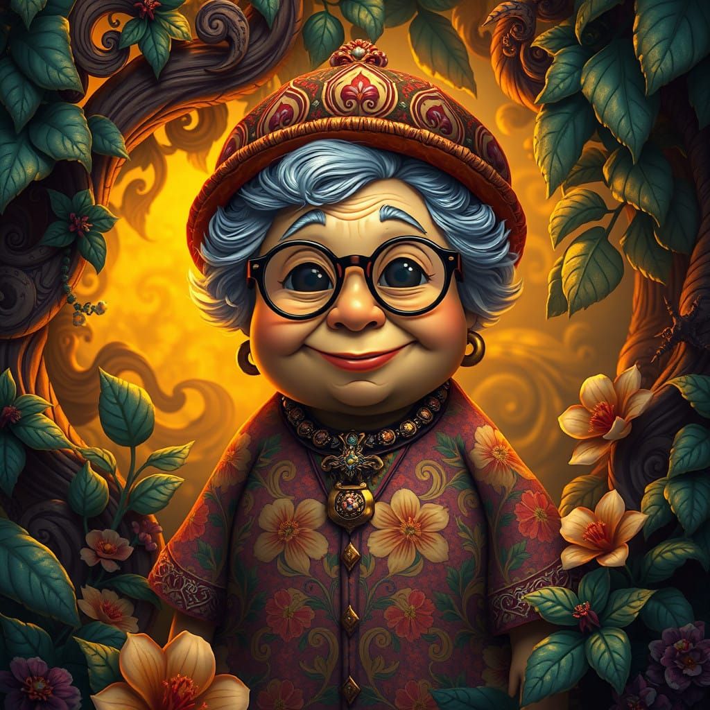 Golden Grandma Potato in Whimsical Fantasy Landscape