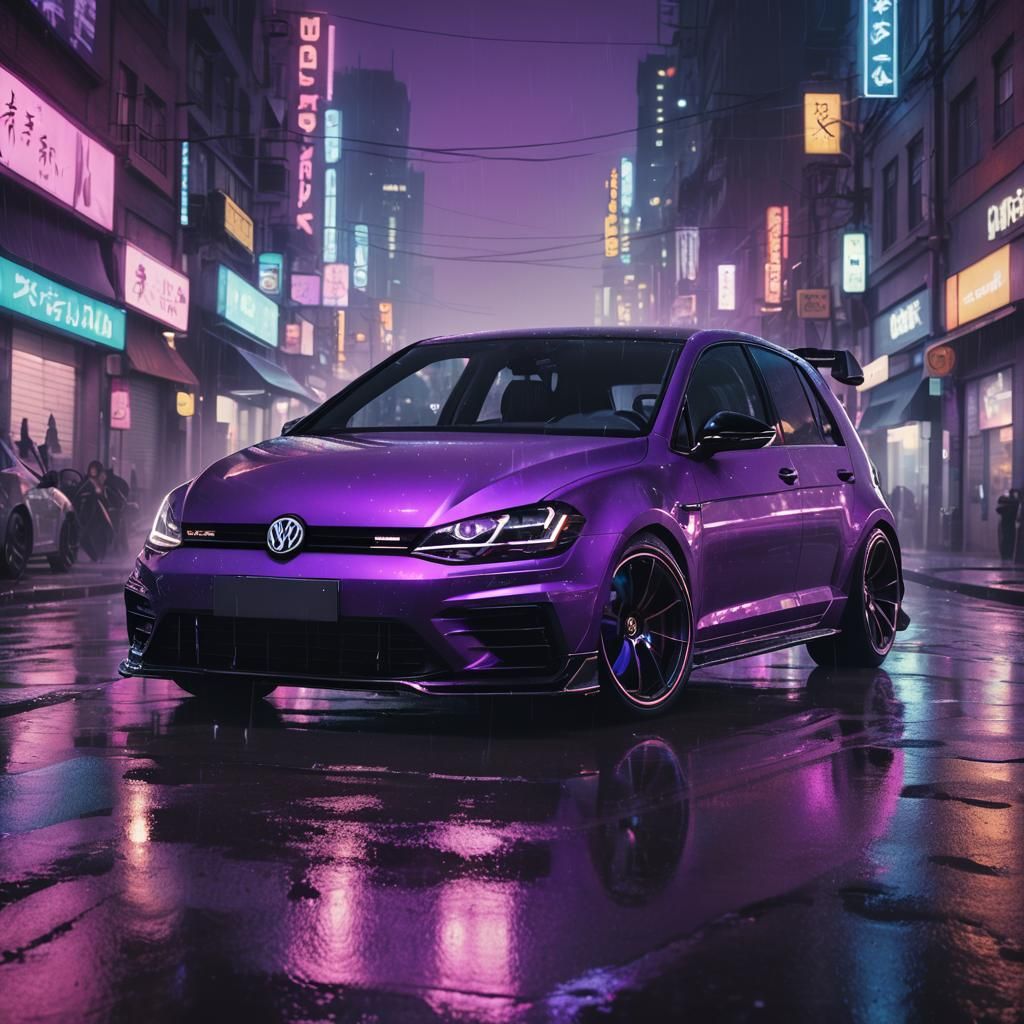Cyberpunk VW Golf 7R Speeds Through Neon City