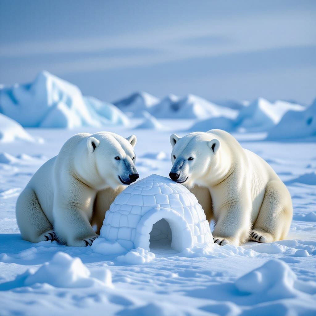 Polar Bears Eating Igloo on Icy Tundra