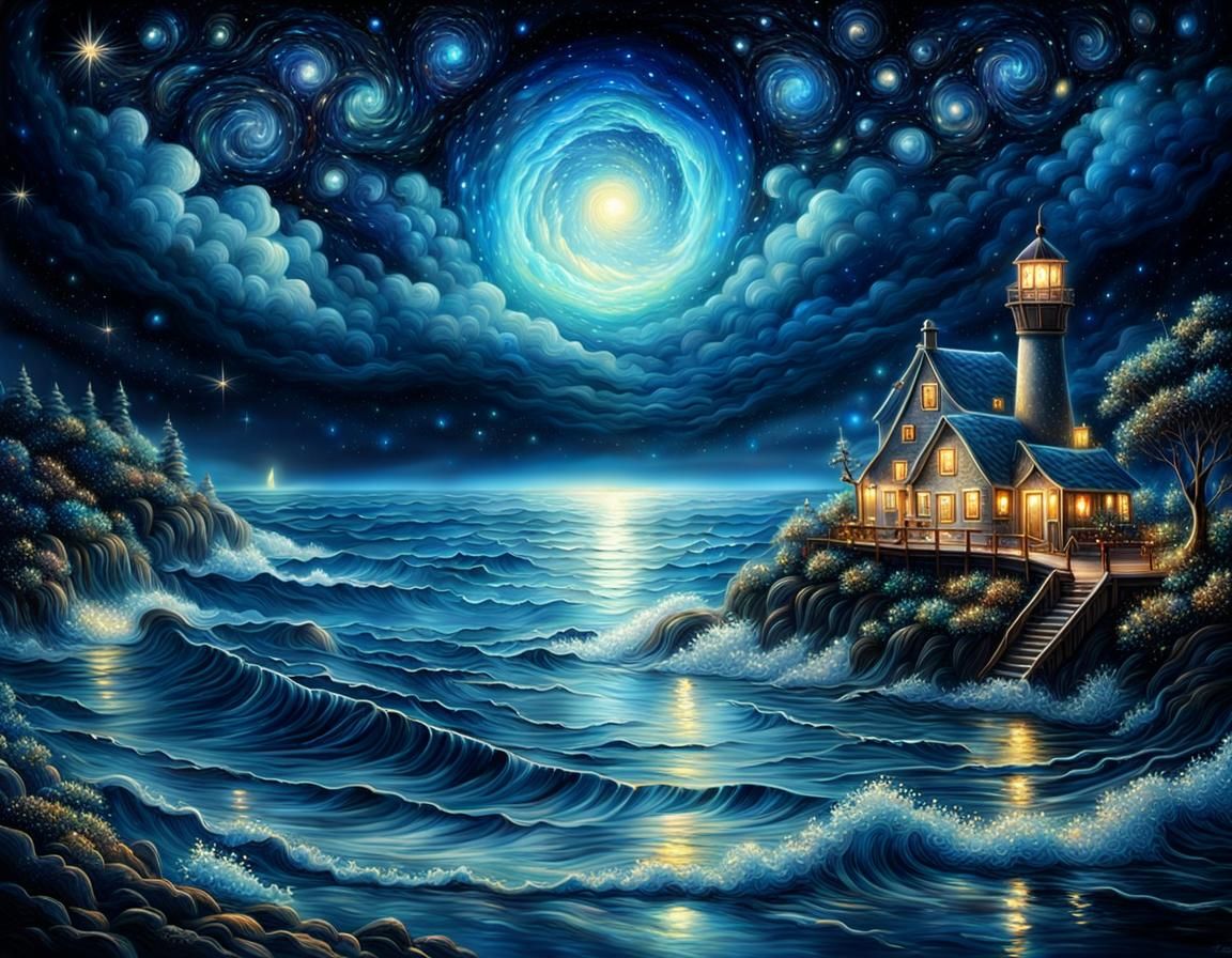 Lighthouse under Starry Skies