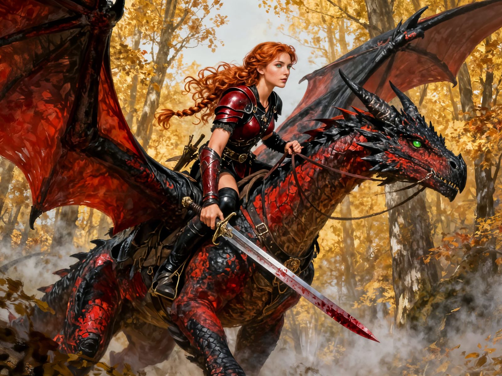 Woman Warrior Riding Dragon in Misty Autumn Forest