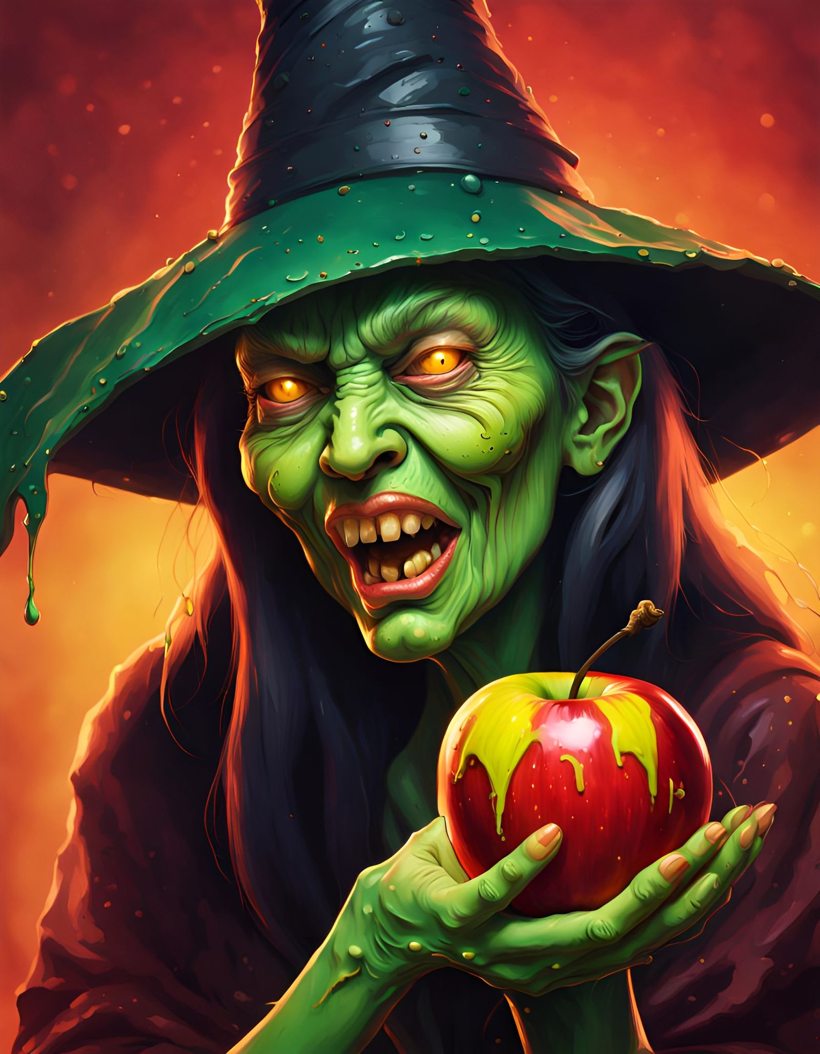 Hyperrealistic Witch with Apple in Splash Art Style