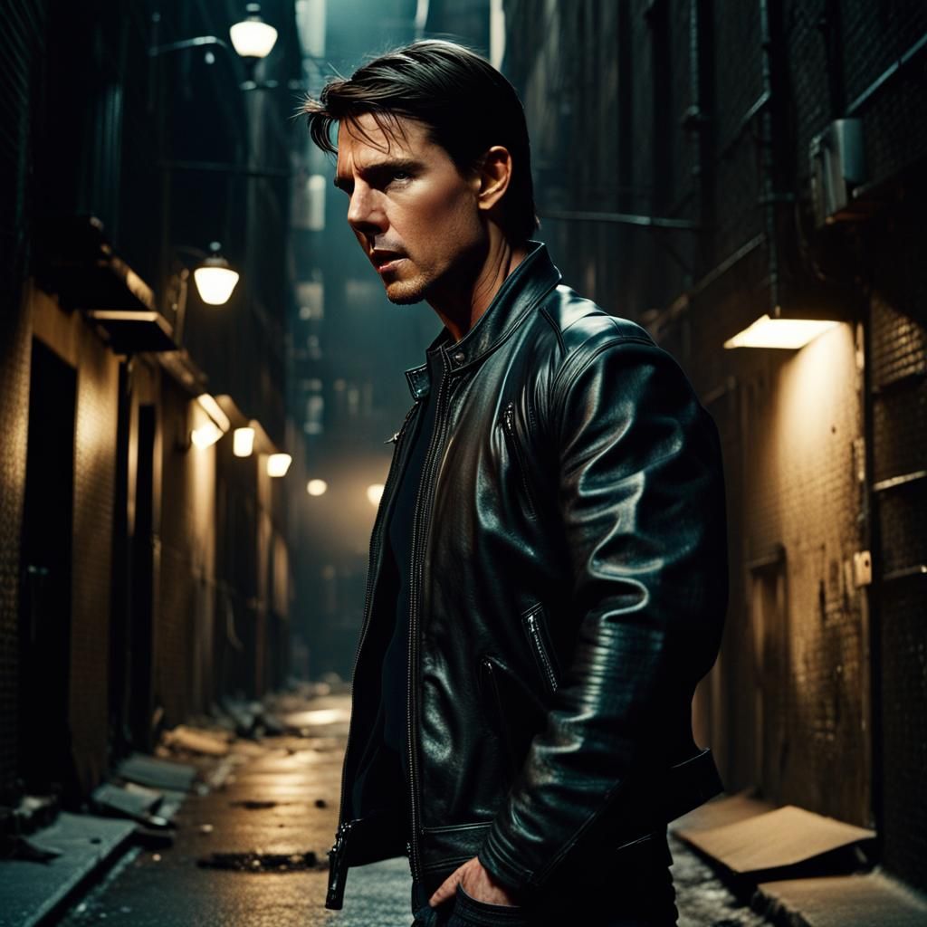 Tom Cruise in Dimly Lit Alleyway: Cinematic Film Still