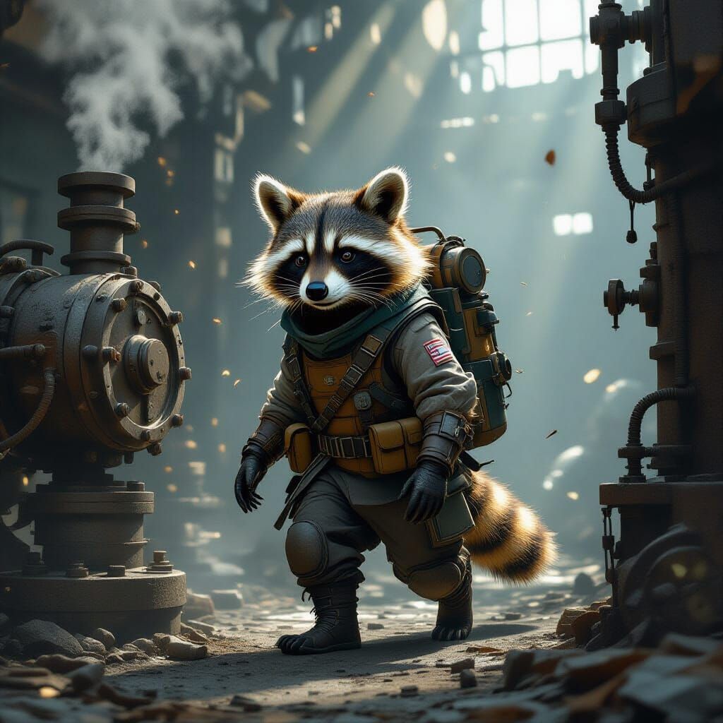 Raccoon Explorer in Decaying Steampunk Machinery