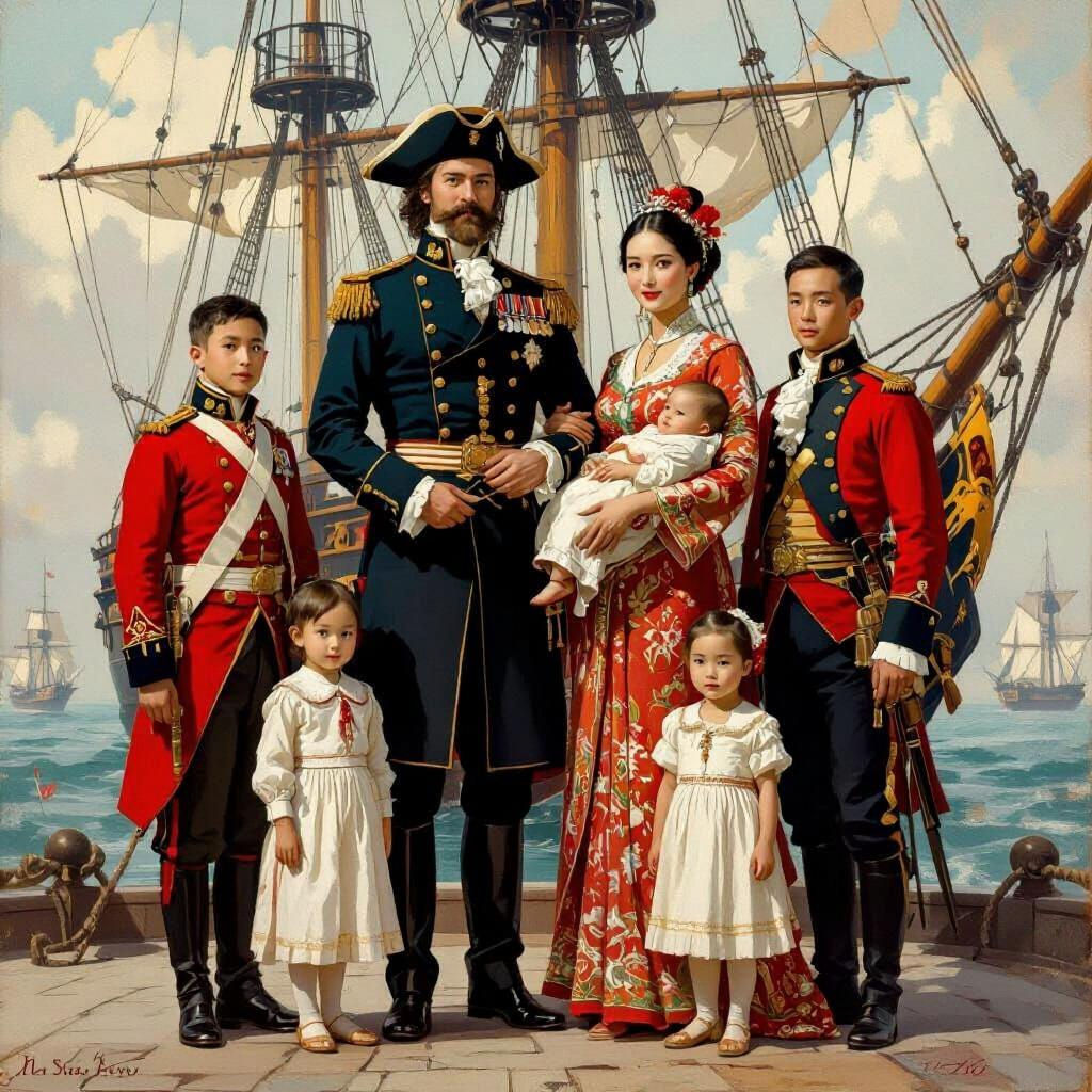Victorian Admiral and Family: Ornate Oil Painting