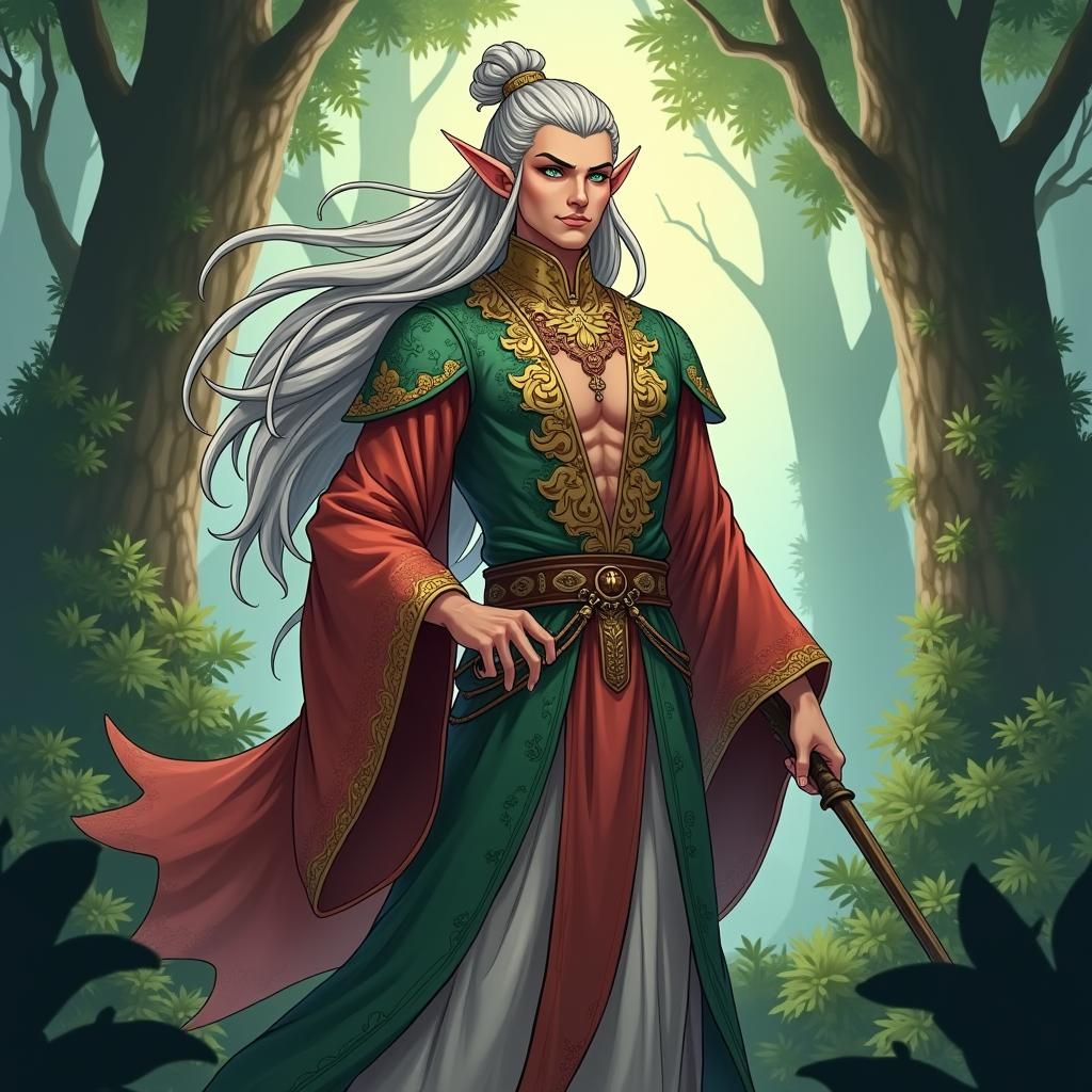 Elf Archer in Feudal Asian Jungle, Anime Style