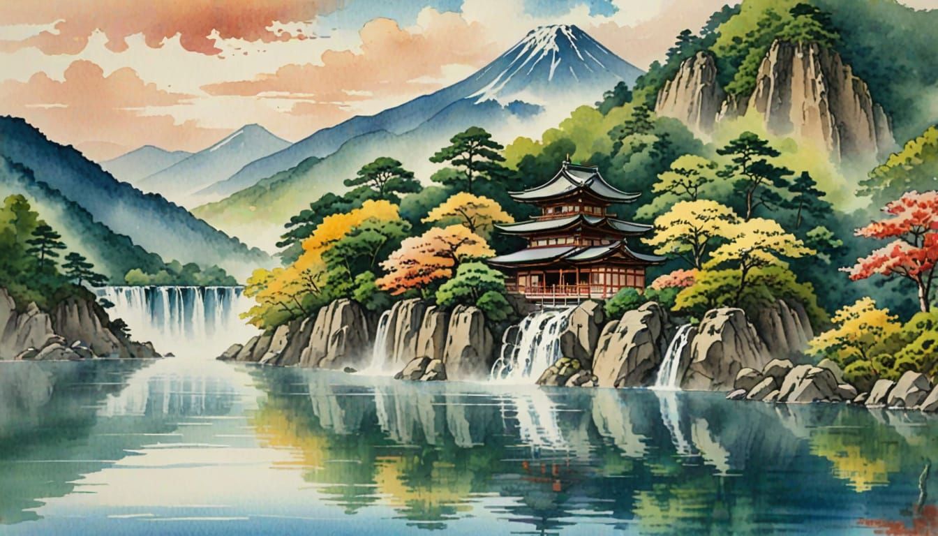 Waterfall Scene in Gansai Japanese Watercolor Style