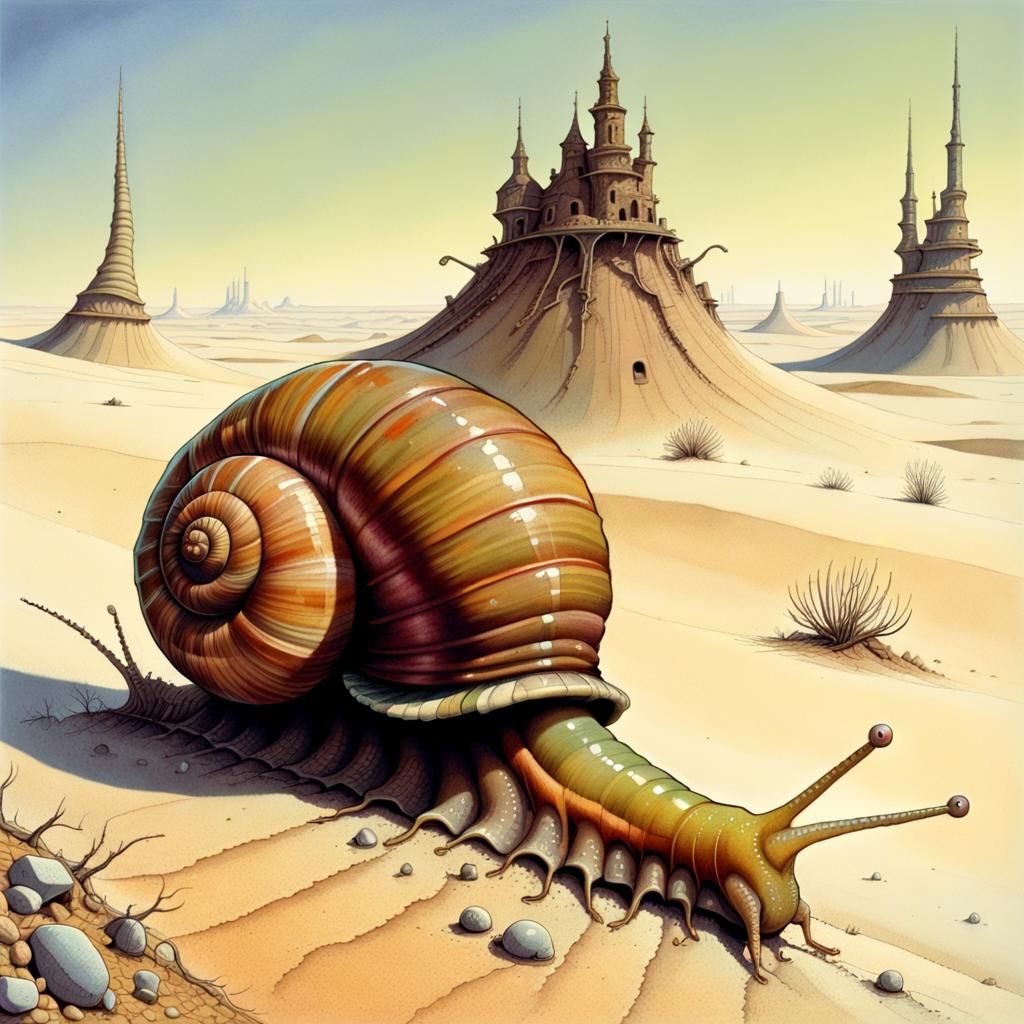 Surreal Centipede Snail in Barren Desert Landscape