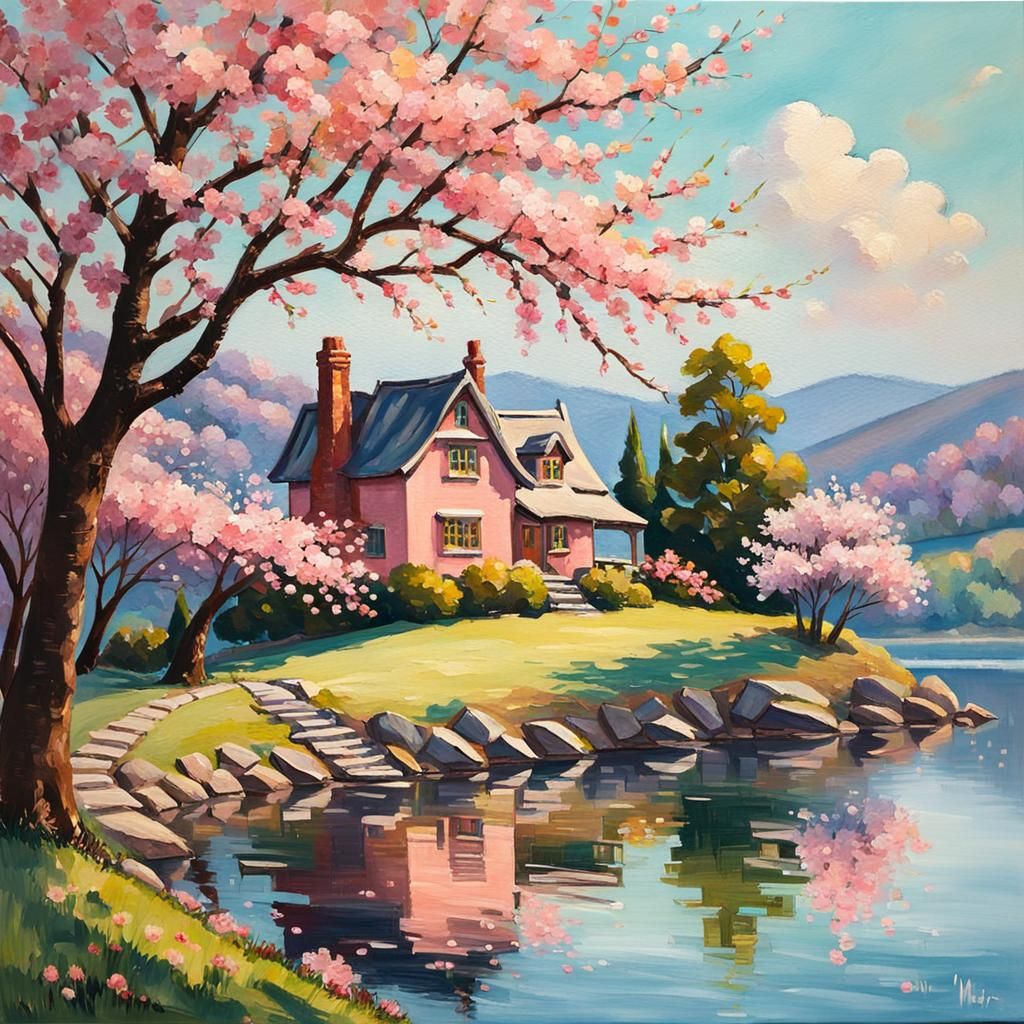 Impressionist Cherry Blossom Landscape in Gouache Watercolor