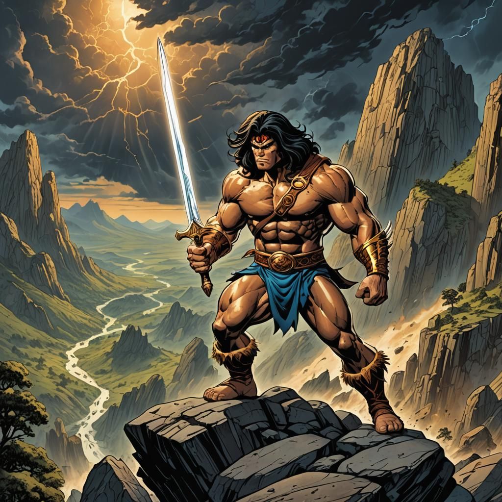 Heroic Barbarian Overlooks Mystical Valley in Comic Art
